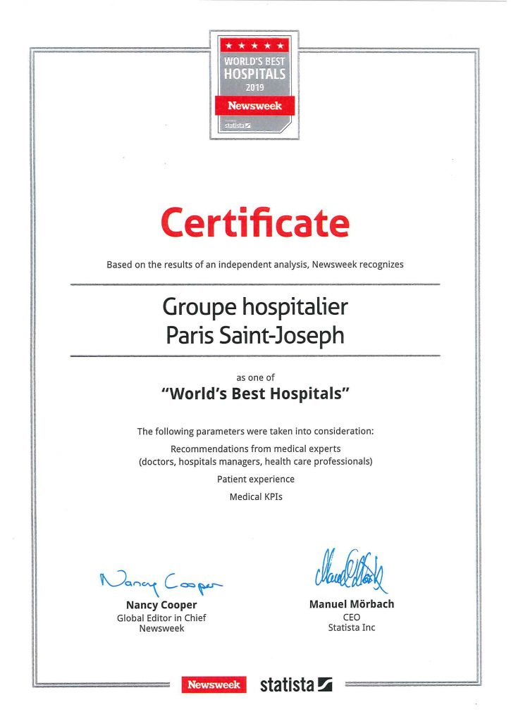 certificat newsweek - Classement World’s Best Hospitals 2019 publié par Newsweek